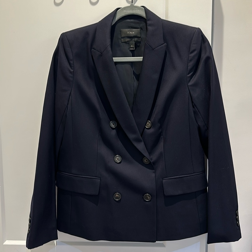 J. Crew Super 120’s navy double breasted wool suit with ankle pants.
